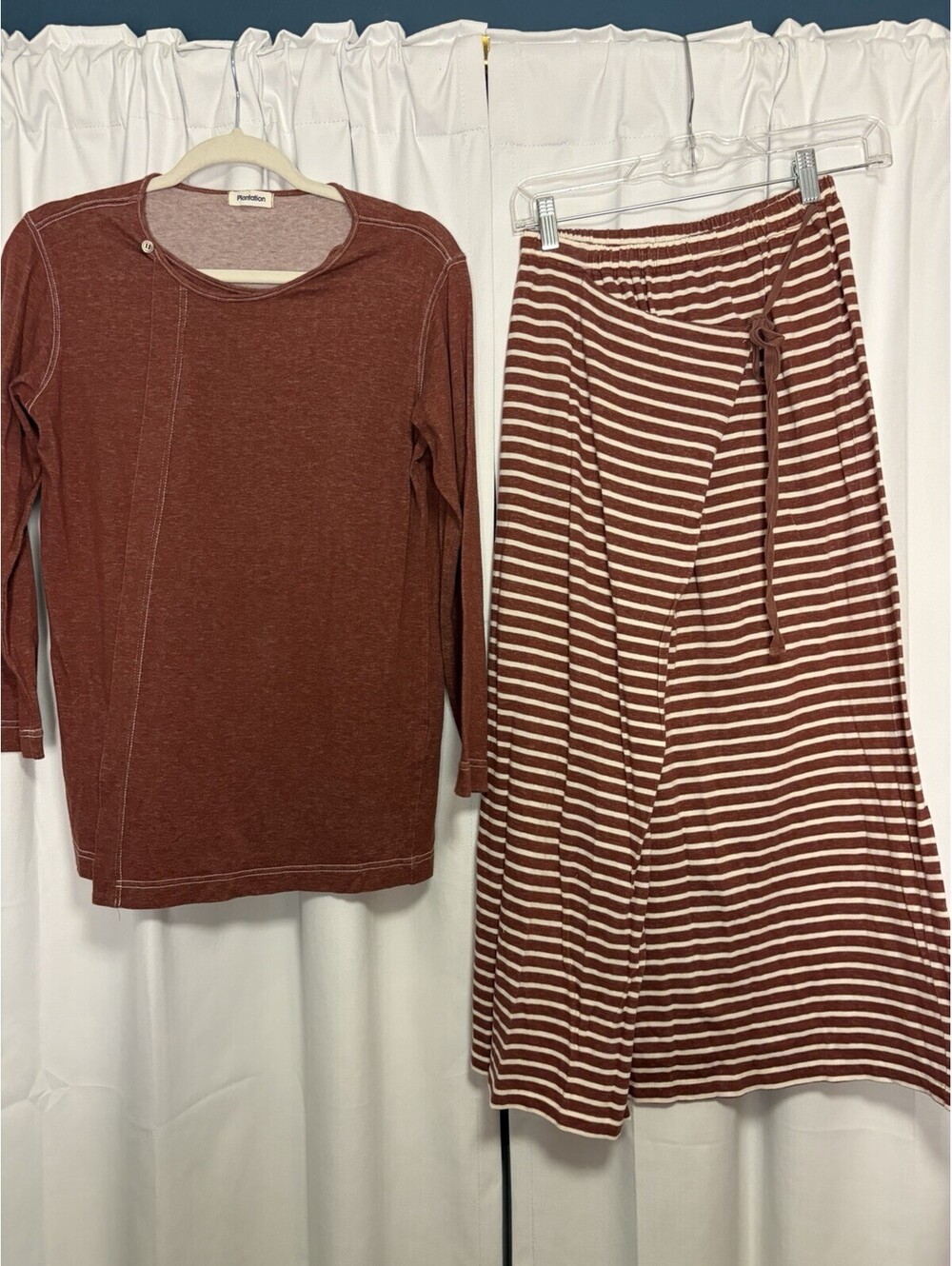 Issey Miyake Plantation Burgundy & Creme Striped Two Piece Top Skirt Set Medium